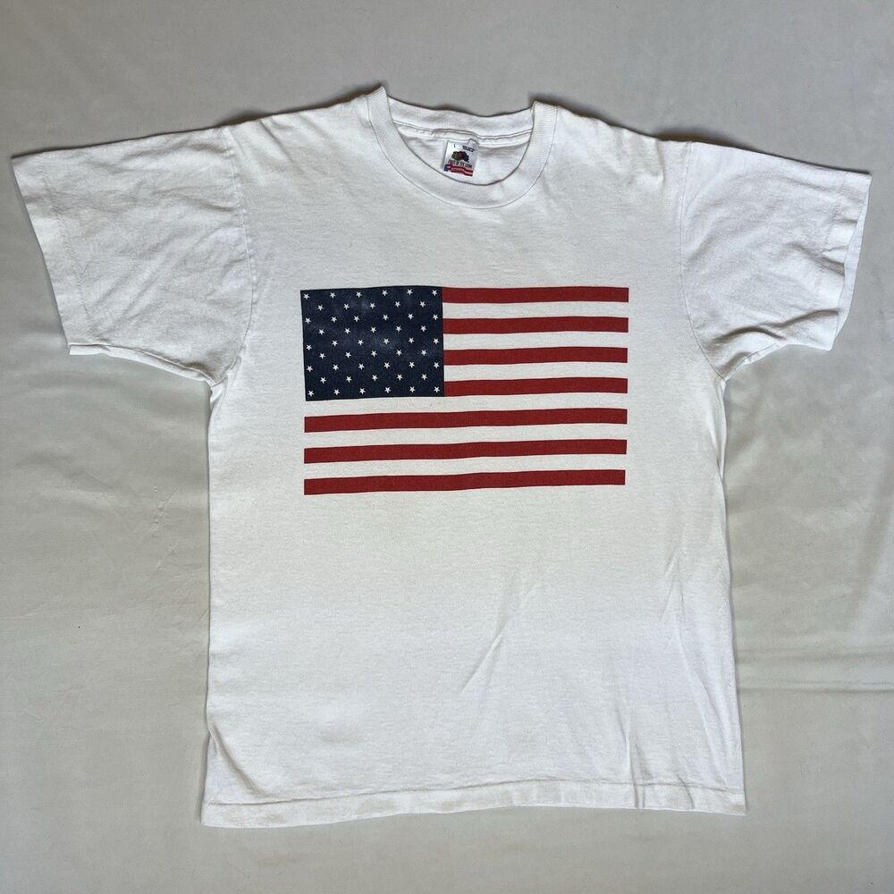 VTG American Flag T Shirt L Large Single Stitch Fruit Of The Loom 80s 90s White